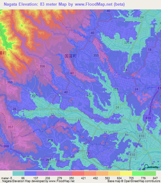 Nagata,Japan Elevation Map