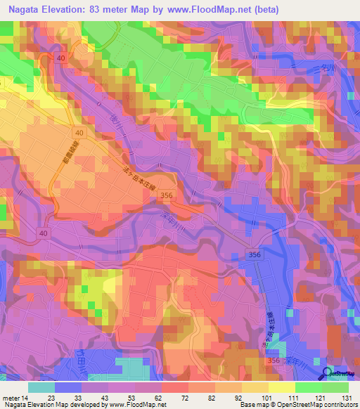Nagata,Japan Elevation Map