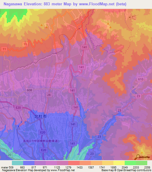 Nagasawa,Japan Elevation Map