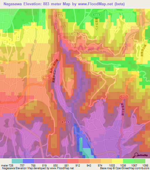 Nagasawa,Japan Elevation Map