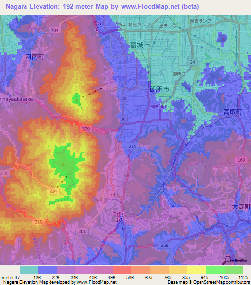 Nagara,Japan Elevation Map