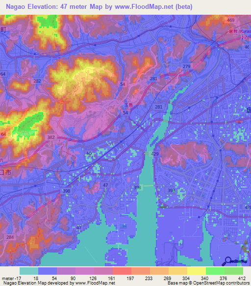 Nagao,Japan Elevation Map
