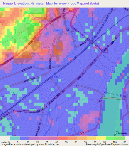 Nagao,Japan Elevation Map
