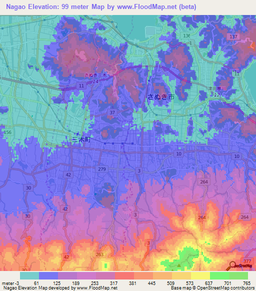 Nagao,Japan Elevation Map