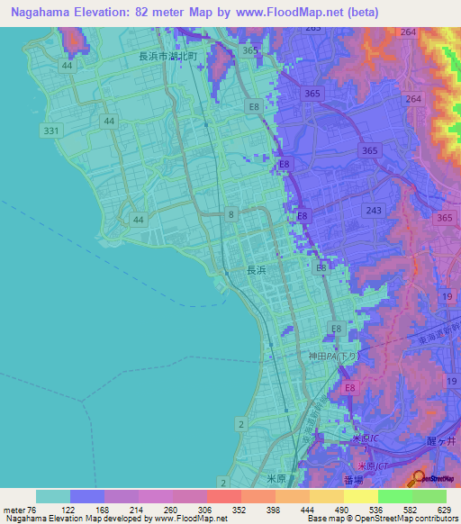 Nagahama,Japan Elevation Map