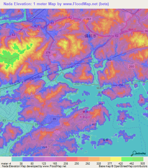 Nada,Japan Elevation Map