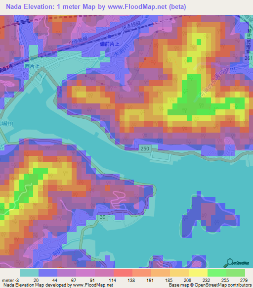 Nada,Japan Elevation Map