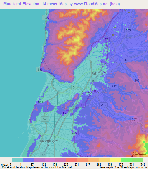 Murakami,Japan Elevation Map