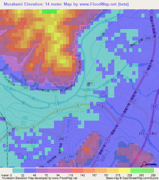 Murakami,Japan Elevation Map
