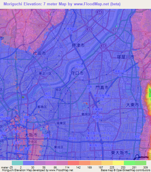 Moriguchi,Japan Elevation Map