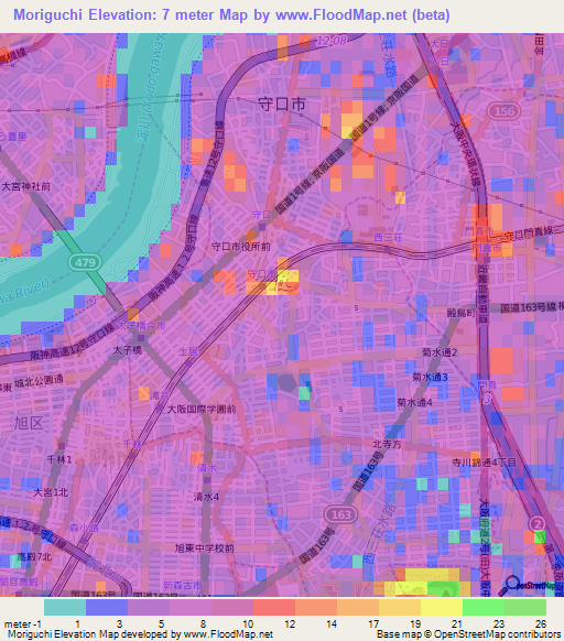 Moriguchi,Japan Elevation Map