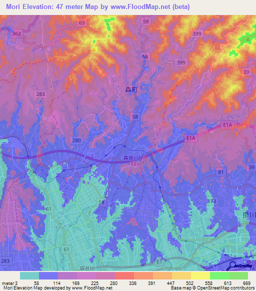 Mori,Japan Elevation Map
