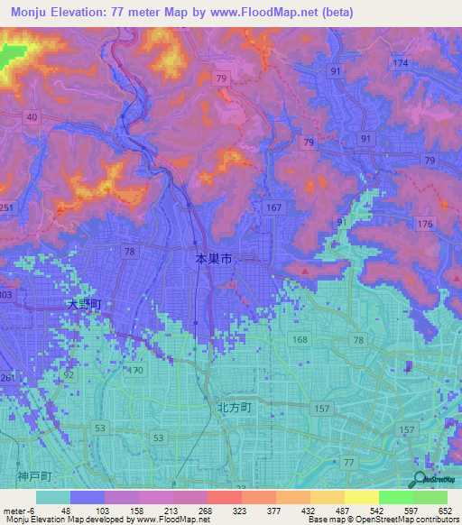 Monju,Japan Elevation Map