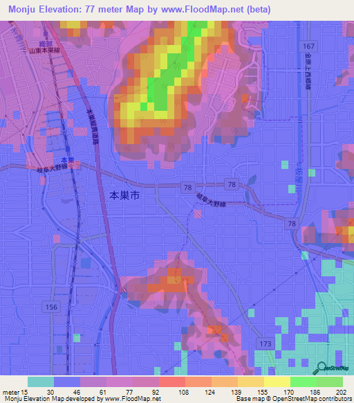 Monju,Japan Elevation Map