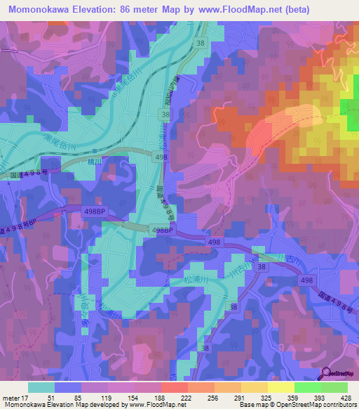 Momonokawa,Japan Elevation Map
