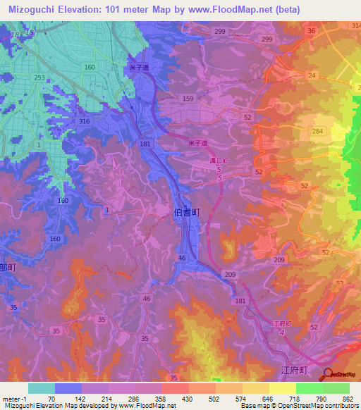 Mizoguchi,Japan Elevation Map