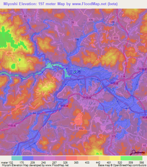Miyoshi,Japan Elevation Map