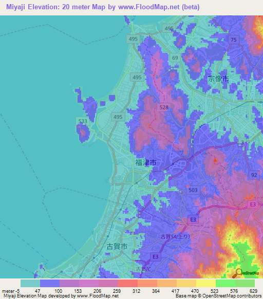 Miyaji,Japan Elevation Map