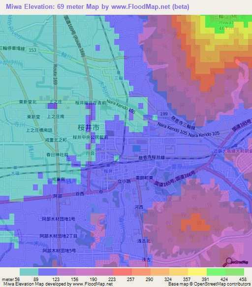 Miwa,Japan Elevation Map