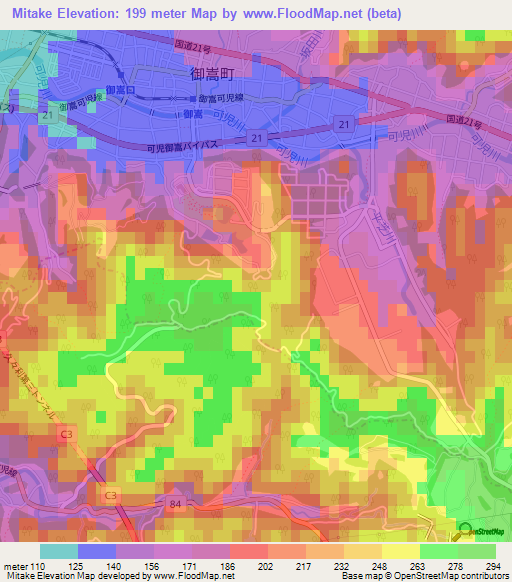 Mitake,Japan Elevation Map