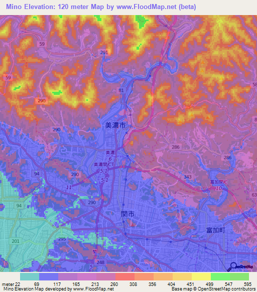 Mino,Japan Elevation Map