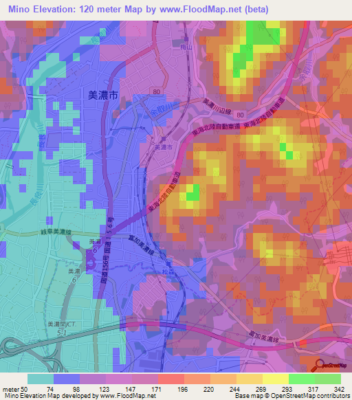 Mino,Japan Elevation Map