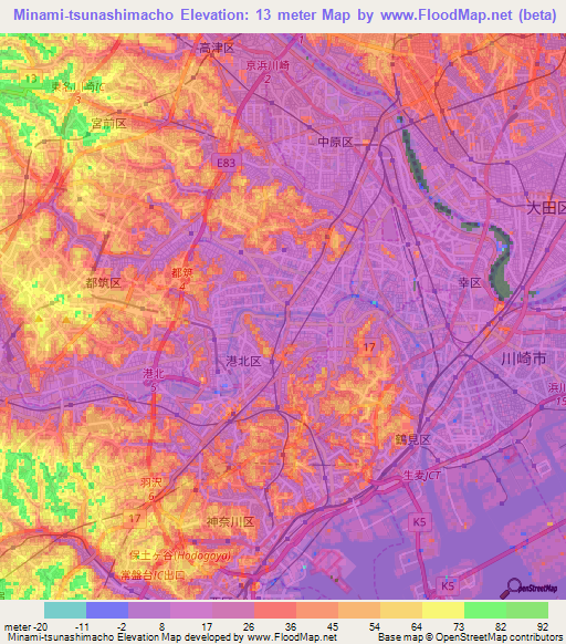 Minami-tsunashimacho,Japan Elevation Map