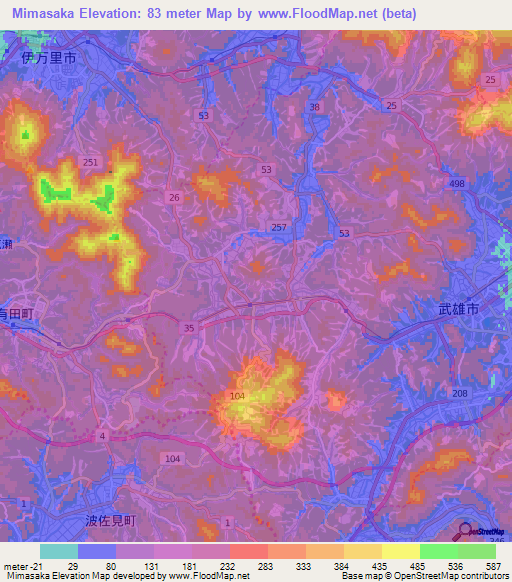 Mimasaka,Japan Elevation Map