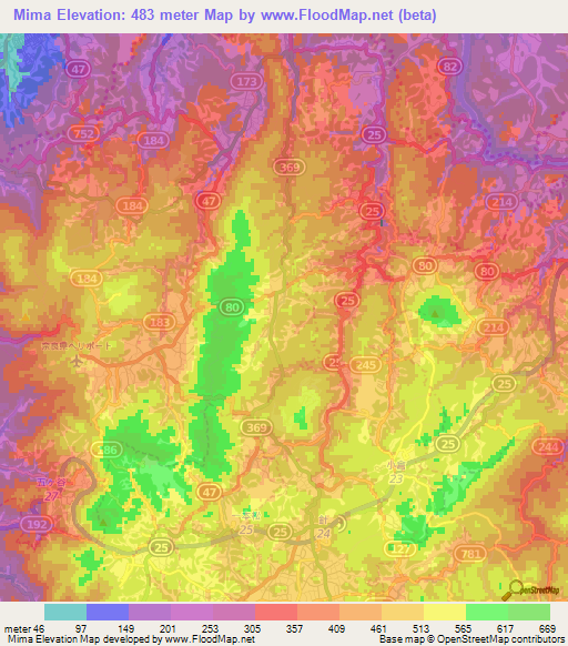 Mima,Japan Elevation Map