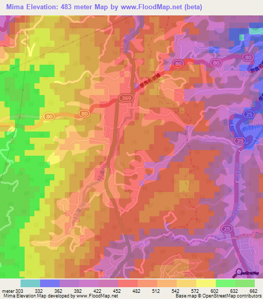 Mima,Japan Elevation Map