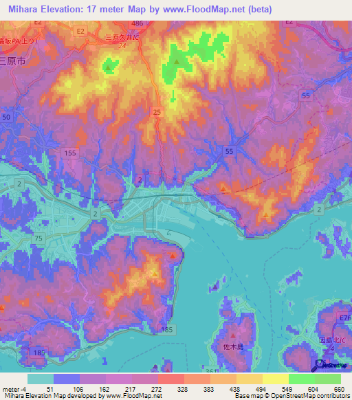 Mihara,Japan Elevation Map