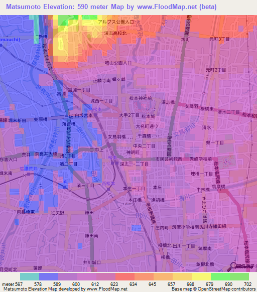 Matsumoto,Japan Elevation Map