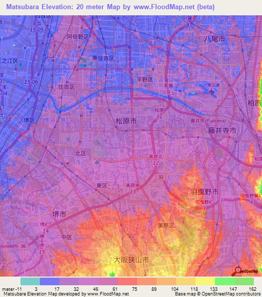 Matsubara,Japan Elevation Map