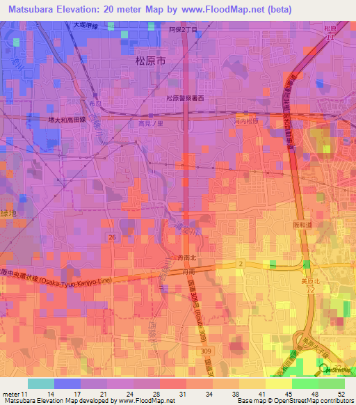 Matsubara,Japan Elevation Map