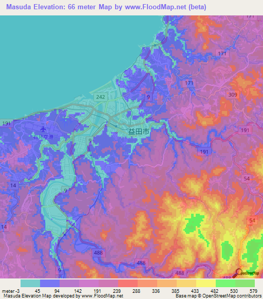 Masuda,Japan Elevation Map