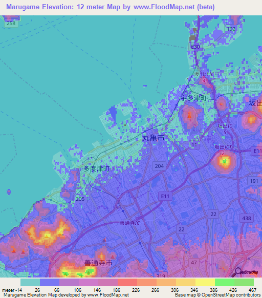 Marugame,Japan Elevation Map