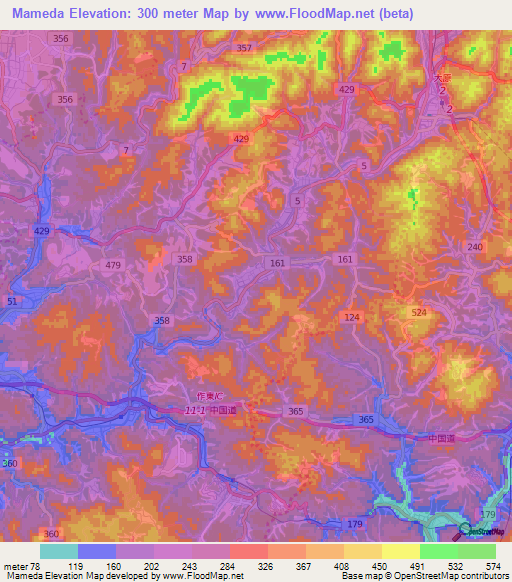 Mameda,Japan Elevation Map