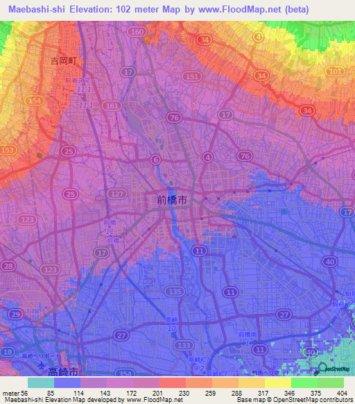 Maebashi-shi,Japan Elevation Map