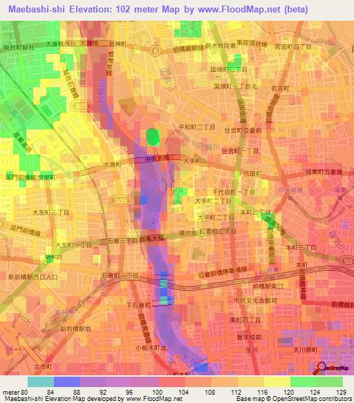 Maebashi-shi,Japan Elevation Map