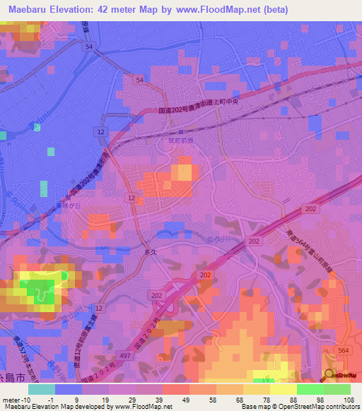 Maebaru,Japan Elevation Map