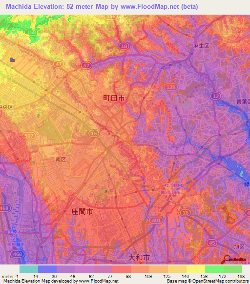 Machida,Japan Elevation Map