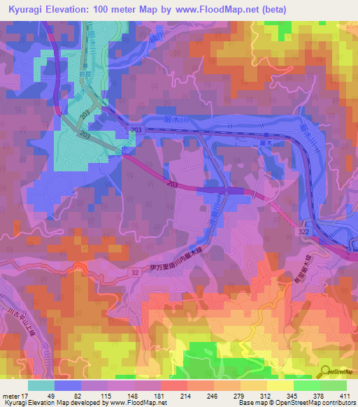 Kyuragi,Japan Elevation Map