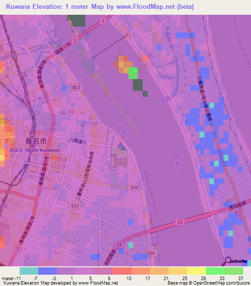 Kuwana,Japan Elevation Map