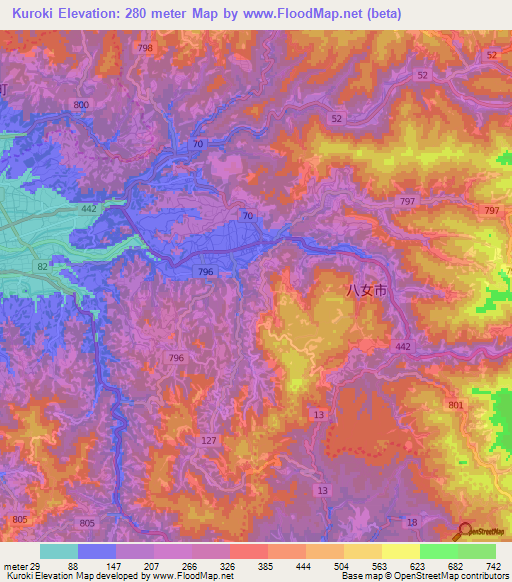 Kuroki,Japan Elevation Map