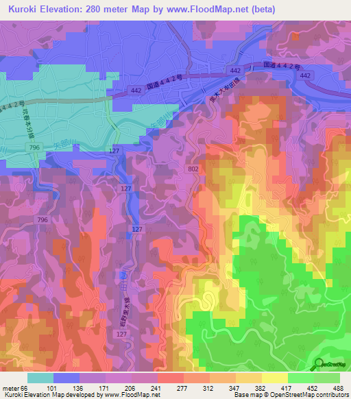 Kuroki,Japan Elevation Map