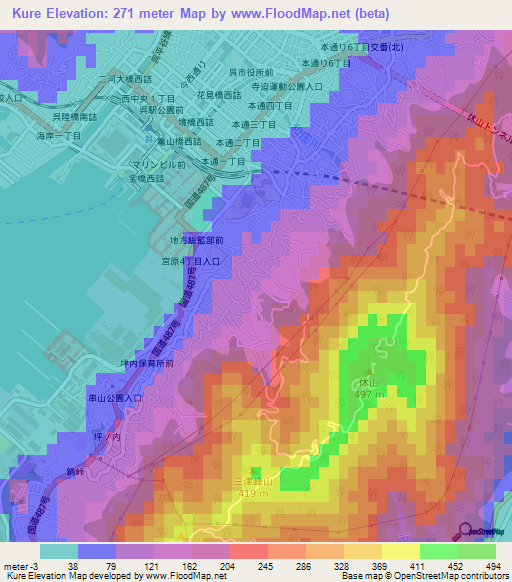 Kure,Japan Elevation Map