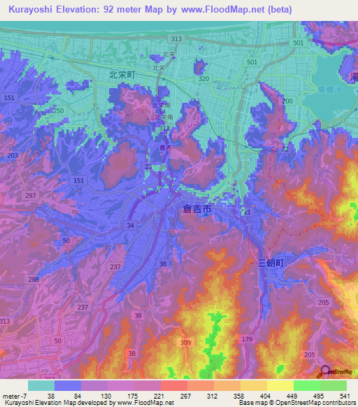 Kurayoshi,Japan Elevation Map