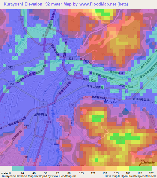 Kurayoshi,Japan Elevation Map