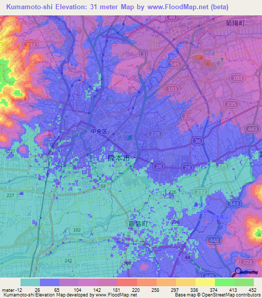 Kumamoto-shi,Japan Elevation Map
