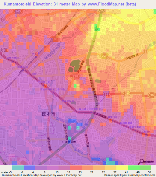 Kumamoto-shi,Japan Elevation Map